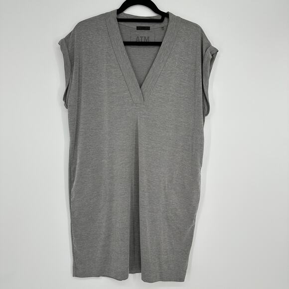 ATM Soft Shift Dress V-Neckline Rolled Short Sleeves Dual Pockets Womens Med - Picture 2 of 9